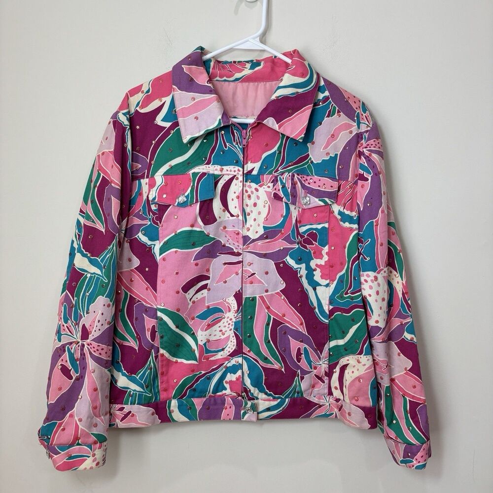 Vtg 90s REDD Jean Pink Purple Denim Jacket Sz 10 Floral Full House Retro Kidcore